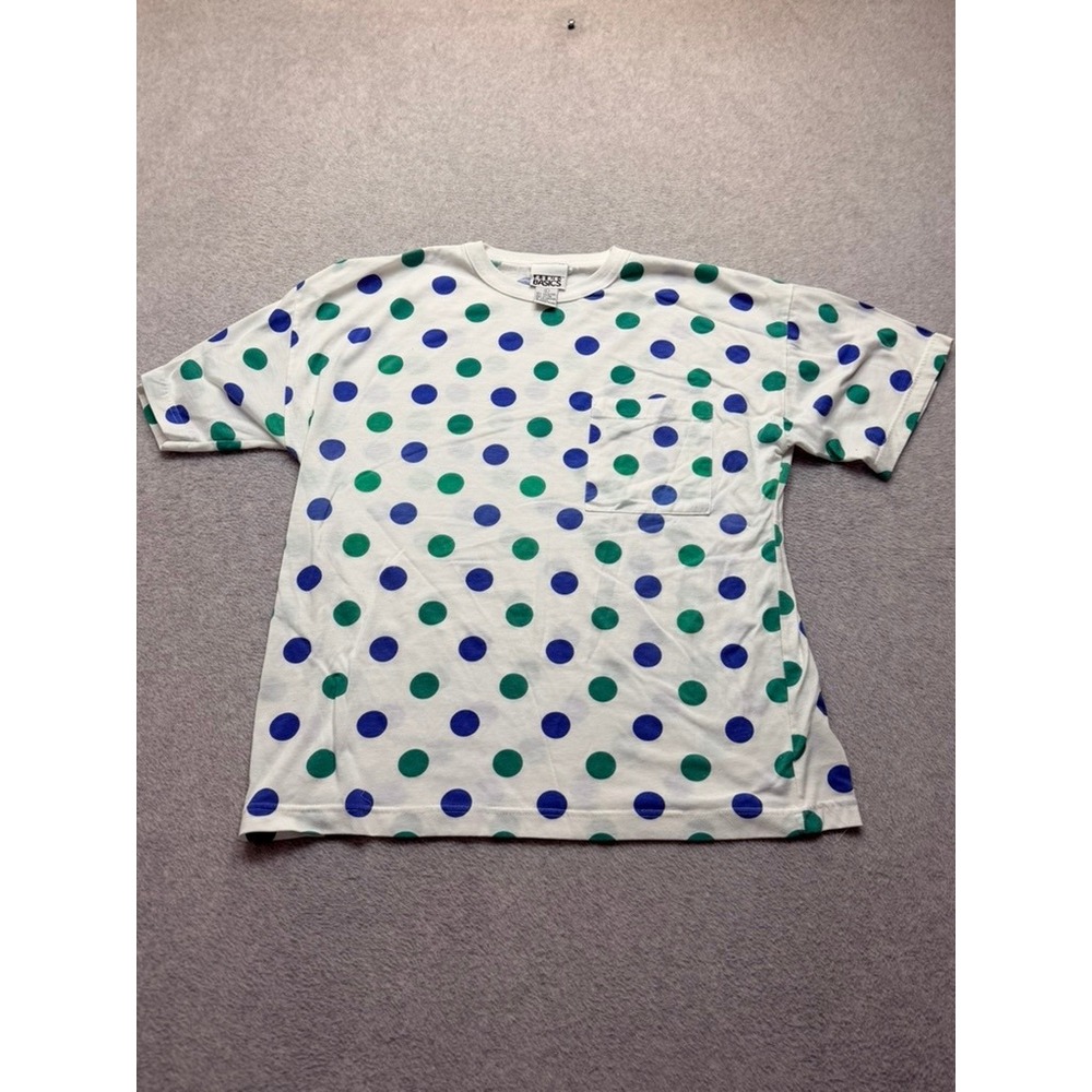 Vintage Trend Basics Polka Dot Pocket T-Shirt Mens Large White Blue Green 90s